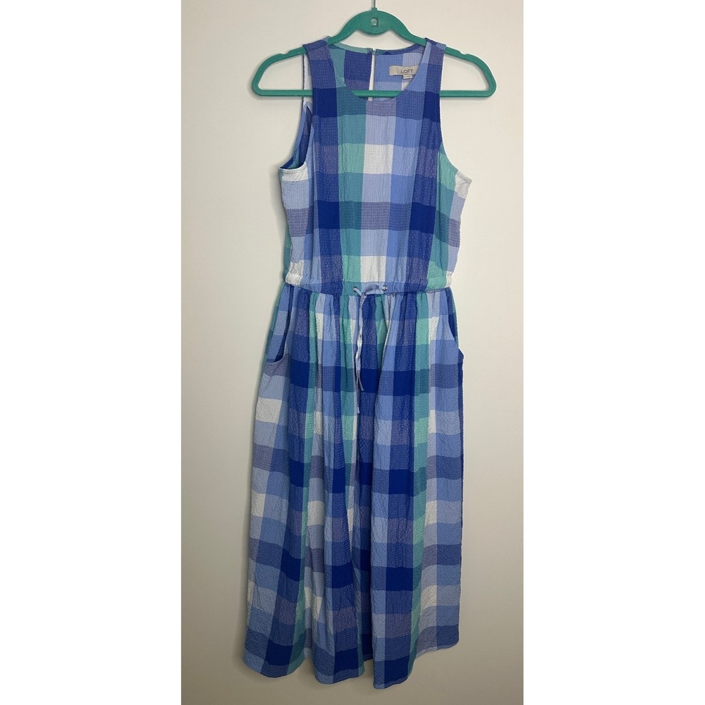 NWT LOFT Seersucker Blue Plaid Cutout Back Dress Midi Pocket Small Brunch Picnic - Picture 2 of 16
